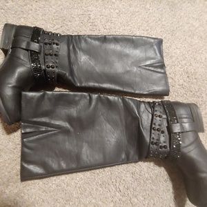 Rhinestone black leather boots